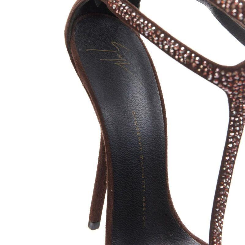 new GIUSEPPE ZANOTTI brown crystal strass T-strap curved heel sandal EU40.5 For Sale 6