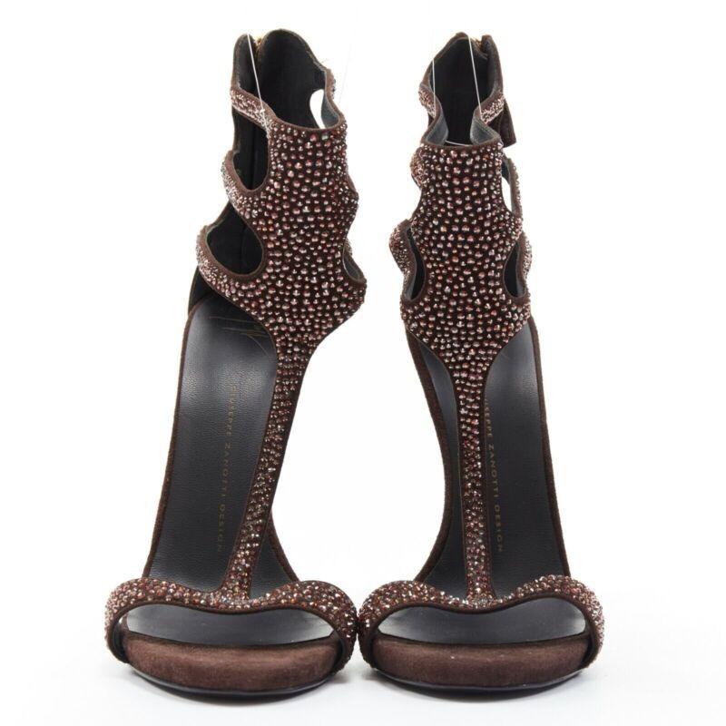 Black new GIUSEPPE ZANOTTI brown crystal strass T-strap curved heel sandal EU40.5 For Sale