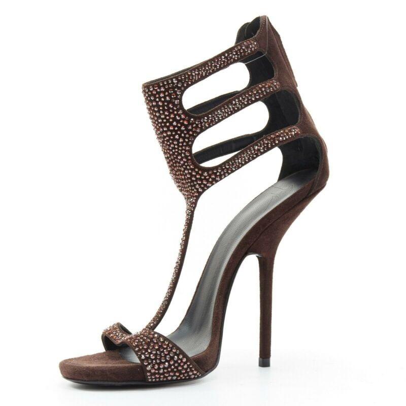 new GIUSEPPE ZANOTTI brown crystal strass T-strap curved heel sandal EU40.5 In New Condition For Sale In Hong Kong, NT