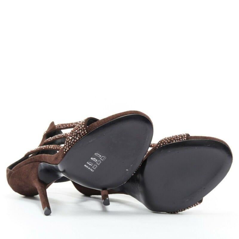 new GIUSEPPE ZANOTTI brown crystal strass T-strap curved heel sandal EU40.5 For Sale 1