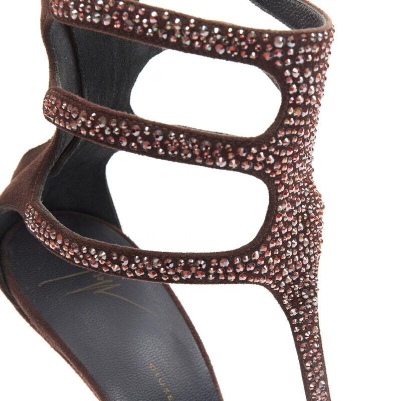 new GIUSEPPE ZANOTTI brown crystal strass T-strap curved heel sandal EU40.5 For Sale 3