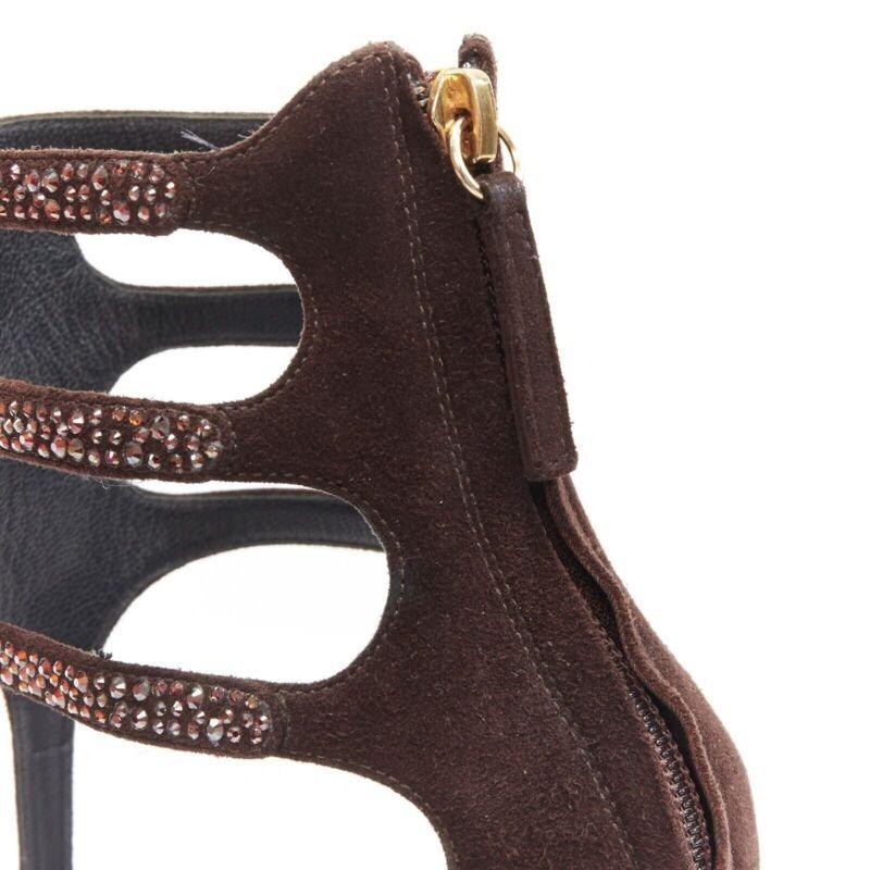 new GIUSEPPE ZANOTTI brown crystal strass T-strap curved heel sandal EU40.5 For Sale 4