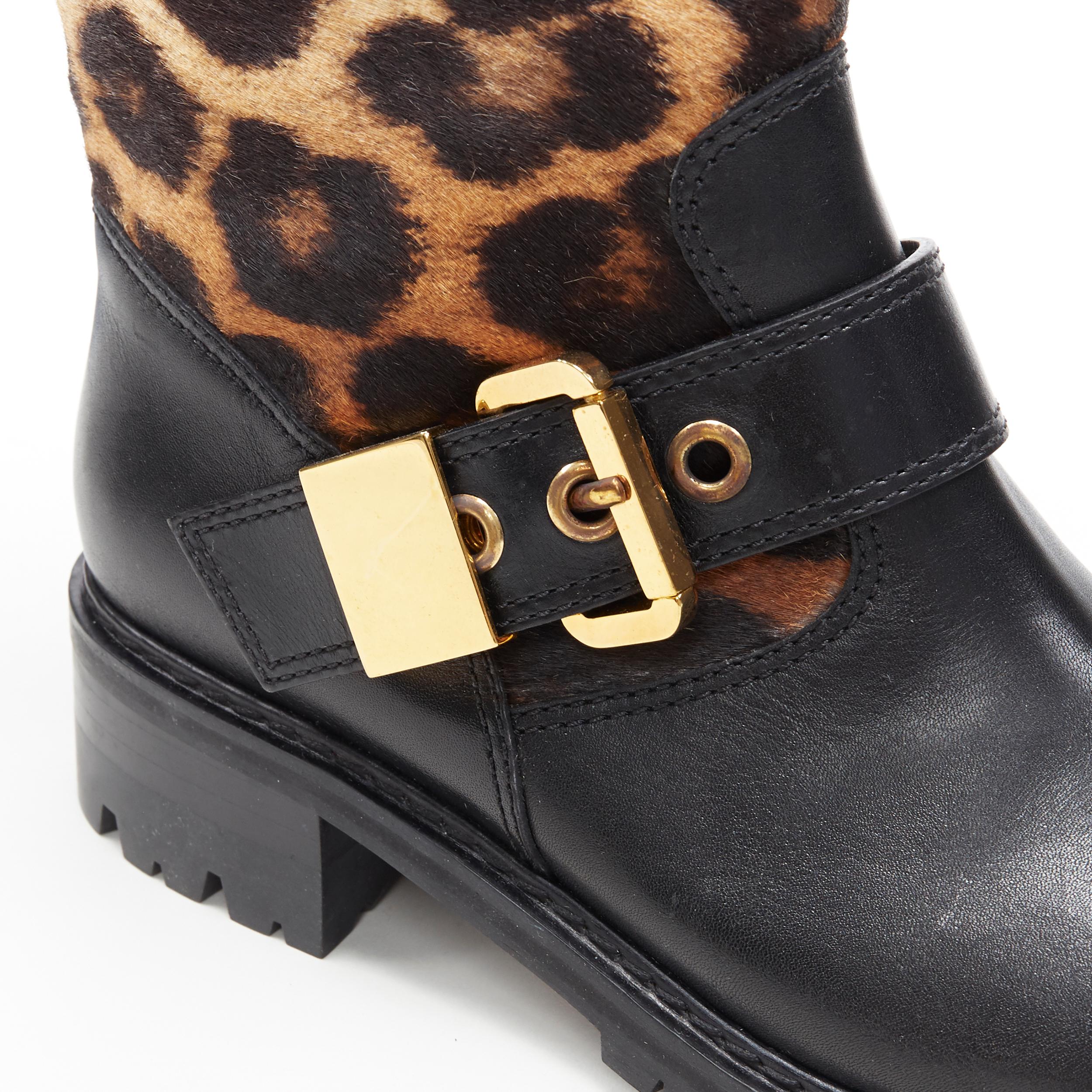 new GIUSEPPE ZANOTTI leopard calfhair black leather gold buckle biker boot EU40 2