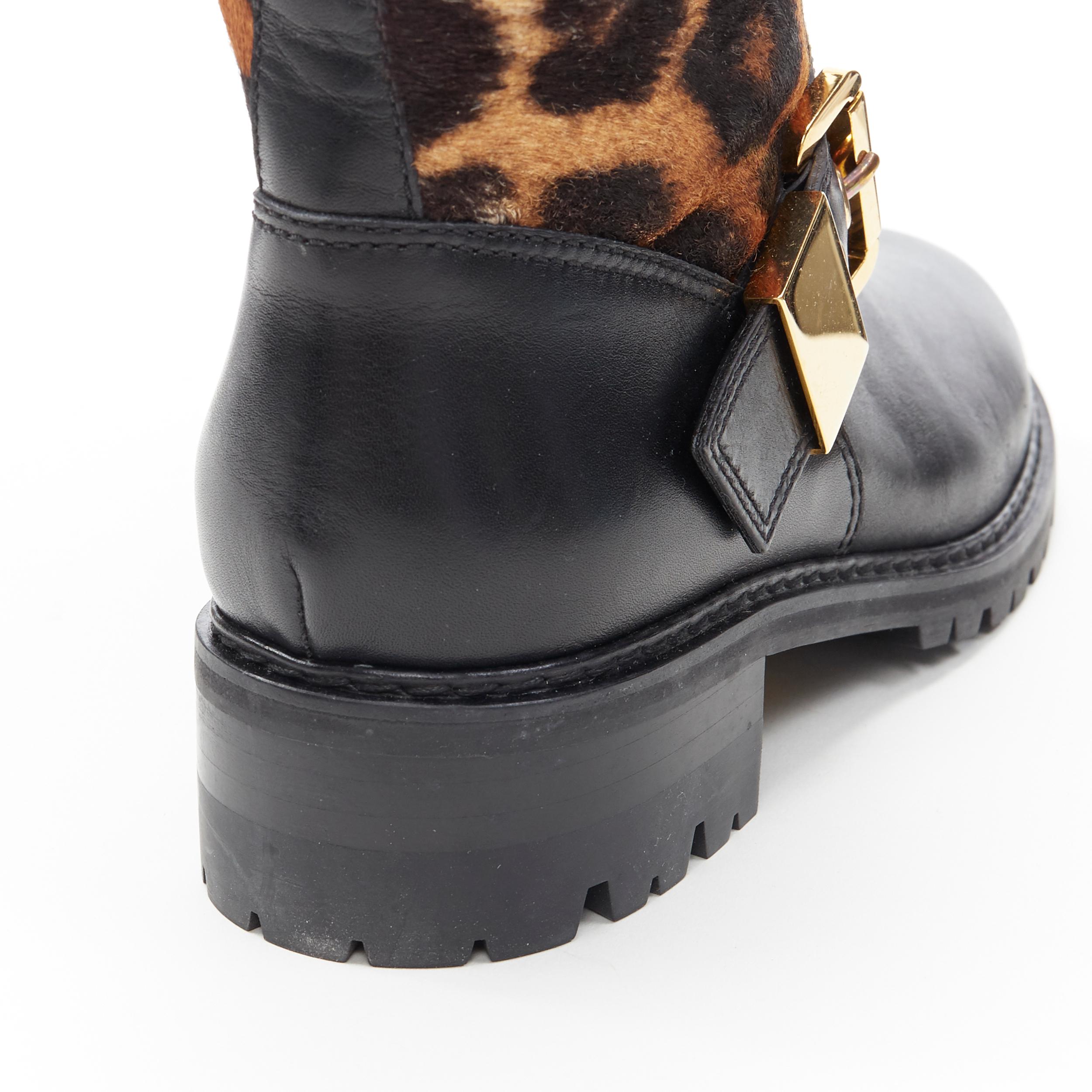 new GIUSEPPE ZANOTTI leopard calfhair black leather gold buckle biker boot EU40 3