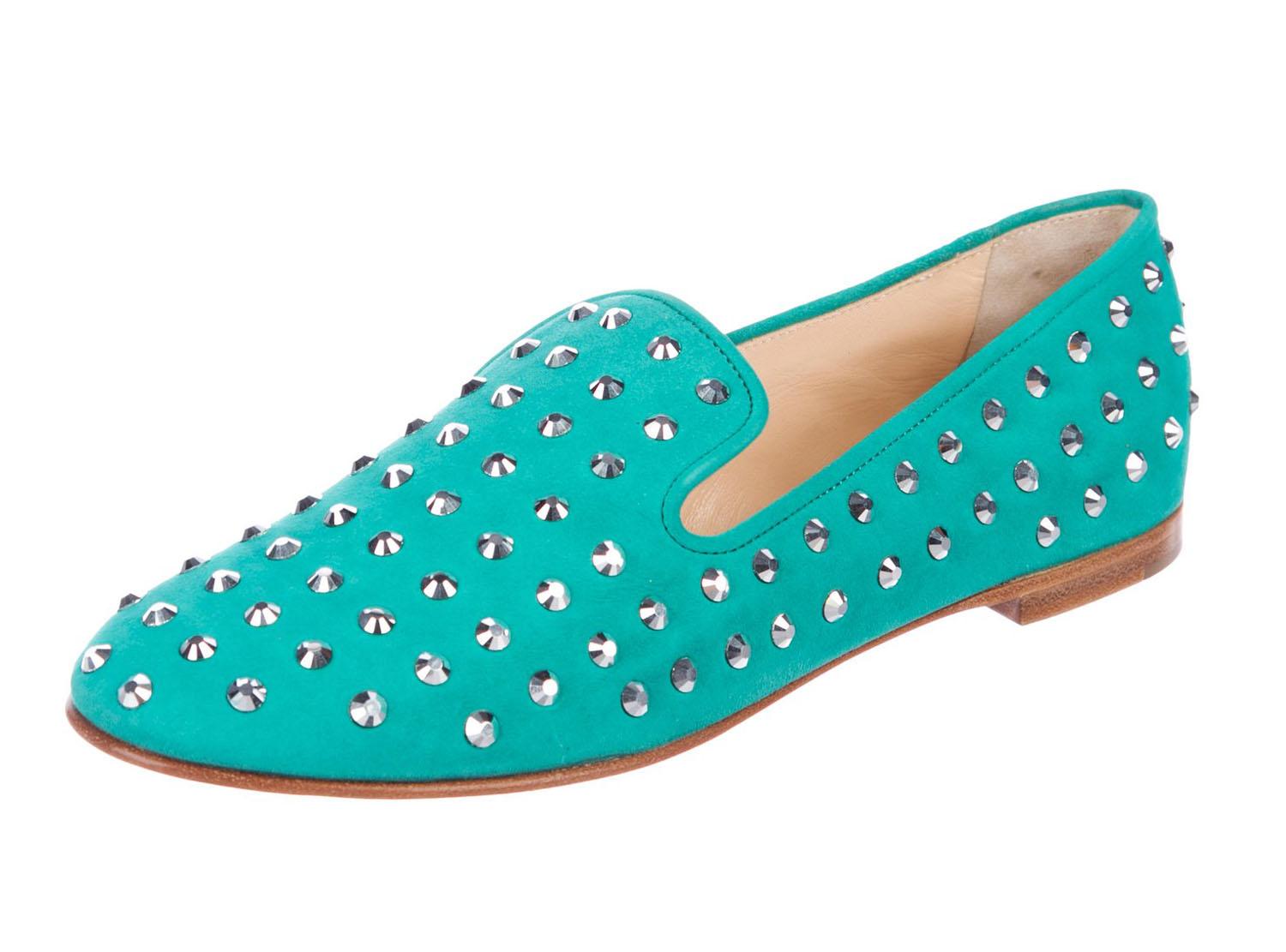 New Giuseppe Zanotti Women's Suede Flats Loafers
Designer size 38 - US 8
Aquamarine Suede, Mirrored Silver Tone Studs, Round Toe-line, Leather Sole and Insole. Light Weight and Comfortable.
Made in Italy
Retail $785.00
New with box.

Listing code: