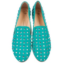 New Giuseppe Zanotti Mirrored Studs Embellished Aquamarine Flats Loafers 38 - 8