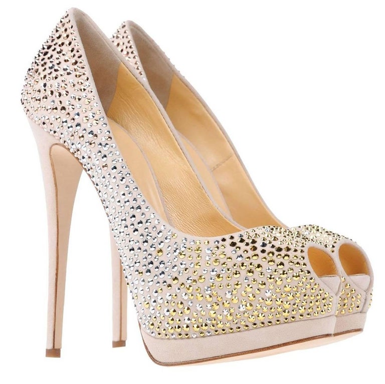 New Giuseppe Zanotti Nude Crystal Beaded Double Platform Heels Pumps It. 38  For Sale at 1stDibs