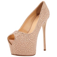 New Giuseppe Zanotti  Rhinestone -Embellished Nude Platform Peep -Toe Pumps 38.5