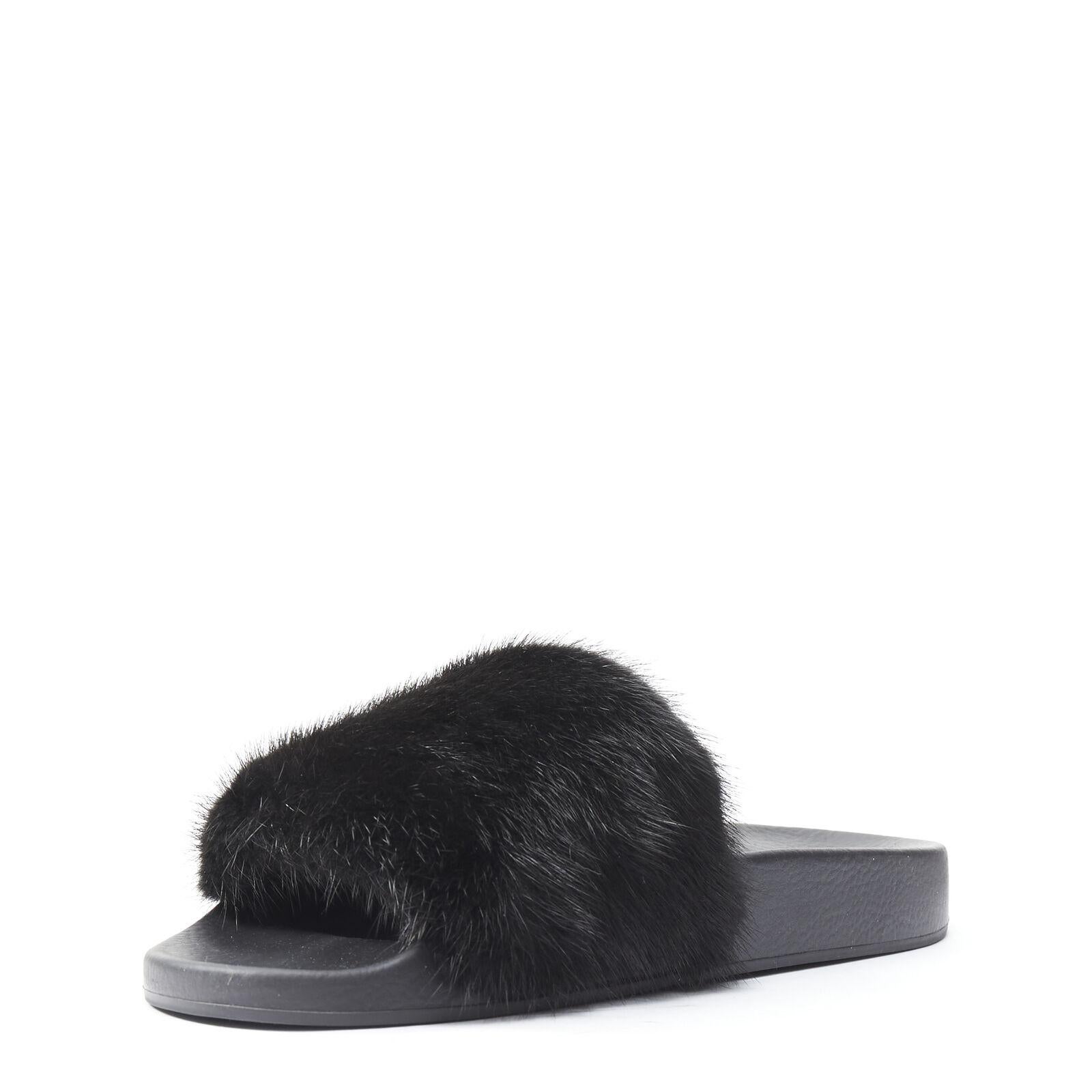 Women's new GIVENCHY black Vison Mink fur logo rubber molded footbed pool slides EU36 For Sale