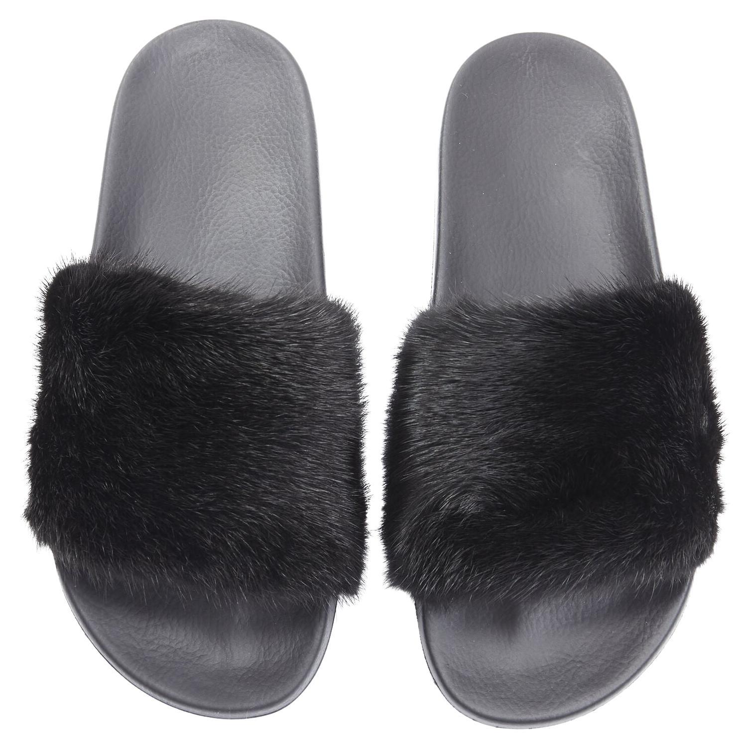 Real Fur Slides in Black Beaver Full Skin Rubber Fur Slippon 