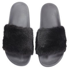 new GIVENCHY black Vison Mink fur logo rubber molded footbed pool slides EU36