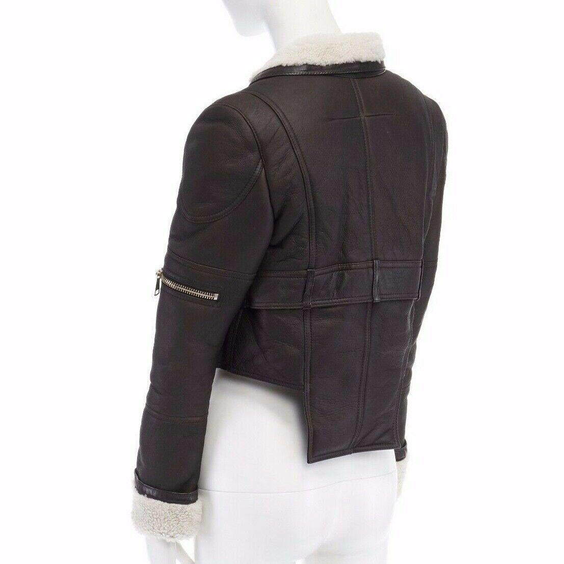Black new GIVENCHY shearling lined brown leather cropped aviator biker jacket FR38 S