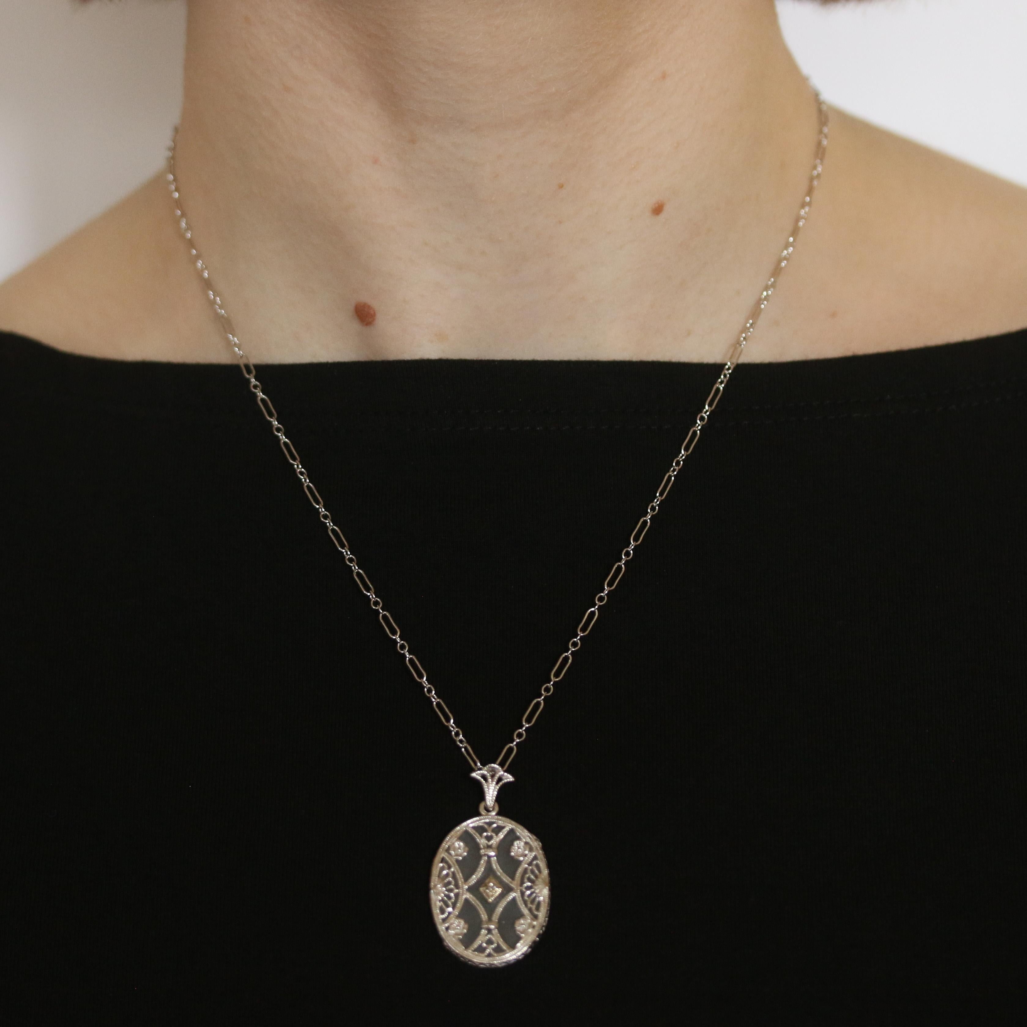 Taille ronde Collier pendentif en verre filigrane de style Art déco en argent sterling avec diamants, Neuf en vente