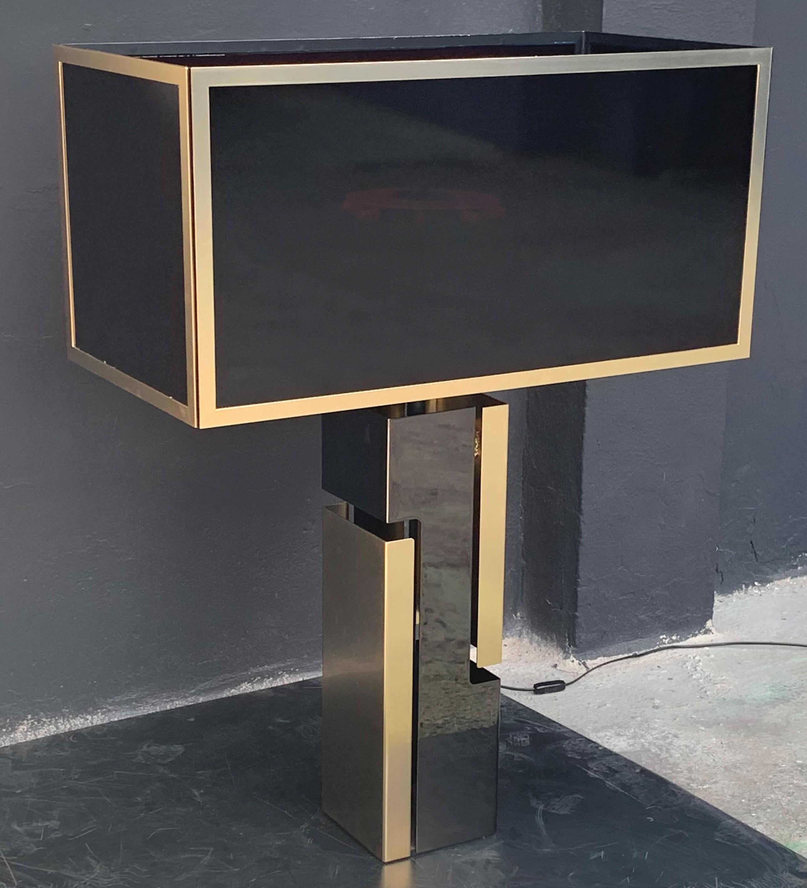 Modern Gold and Black Chrome Metal Lamp with Black-Red Glass Shade For Sale