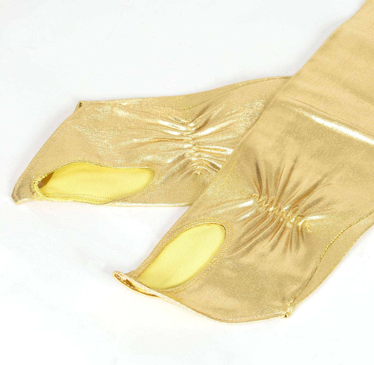 New Gold Lamé Opera-Length Arm Warmer Fingerless Gloves, Orig Pkg – S, 1950s In New Condition For Sale In Tucson, AZ