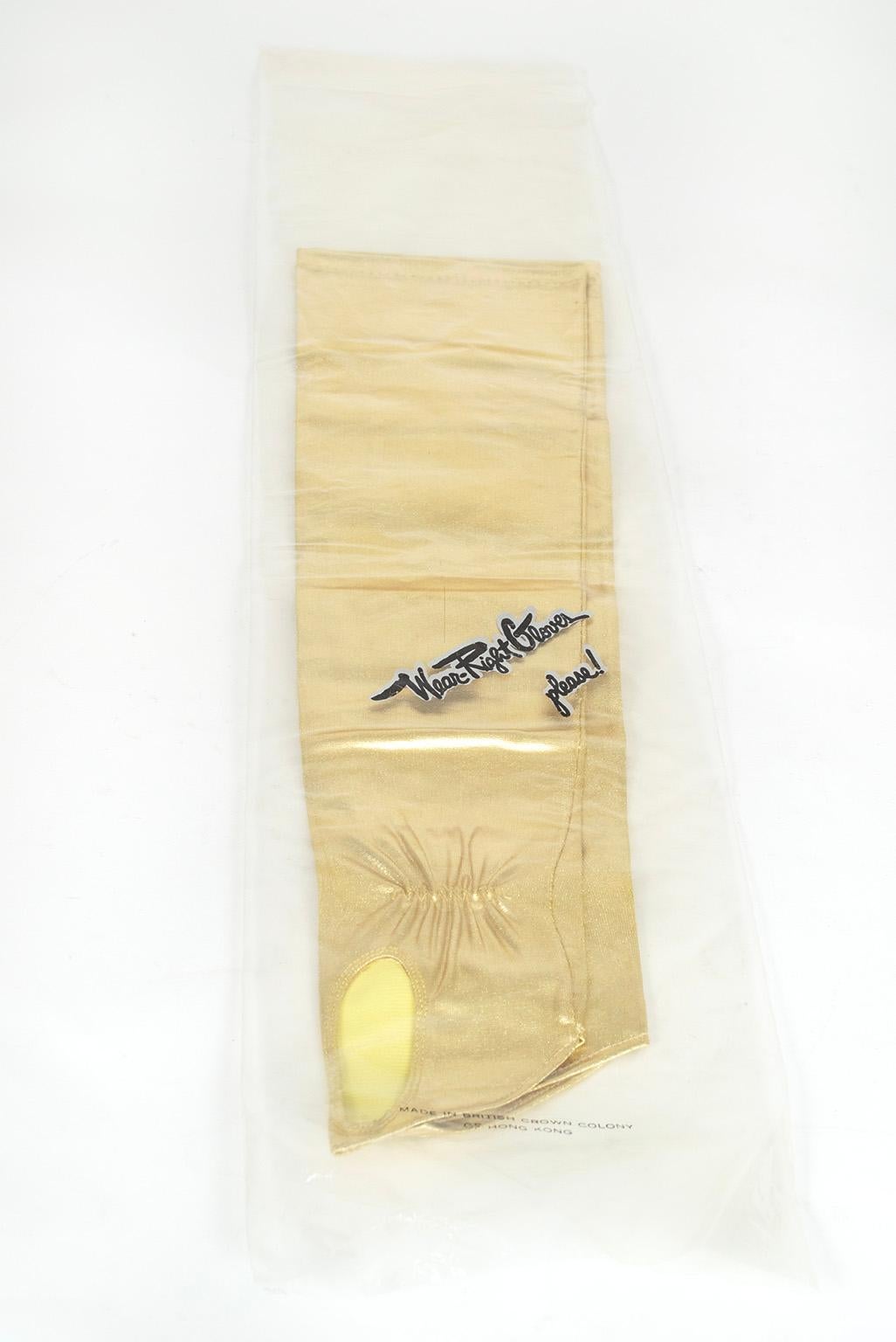 New Gold Lamé Opera-Length Arm Warmer Fingerless Gloves, Orig Pkg – S, 1950s For Sale 1