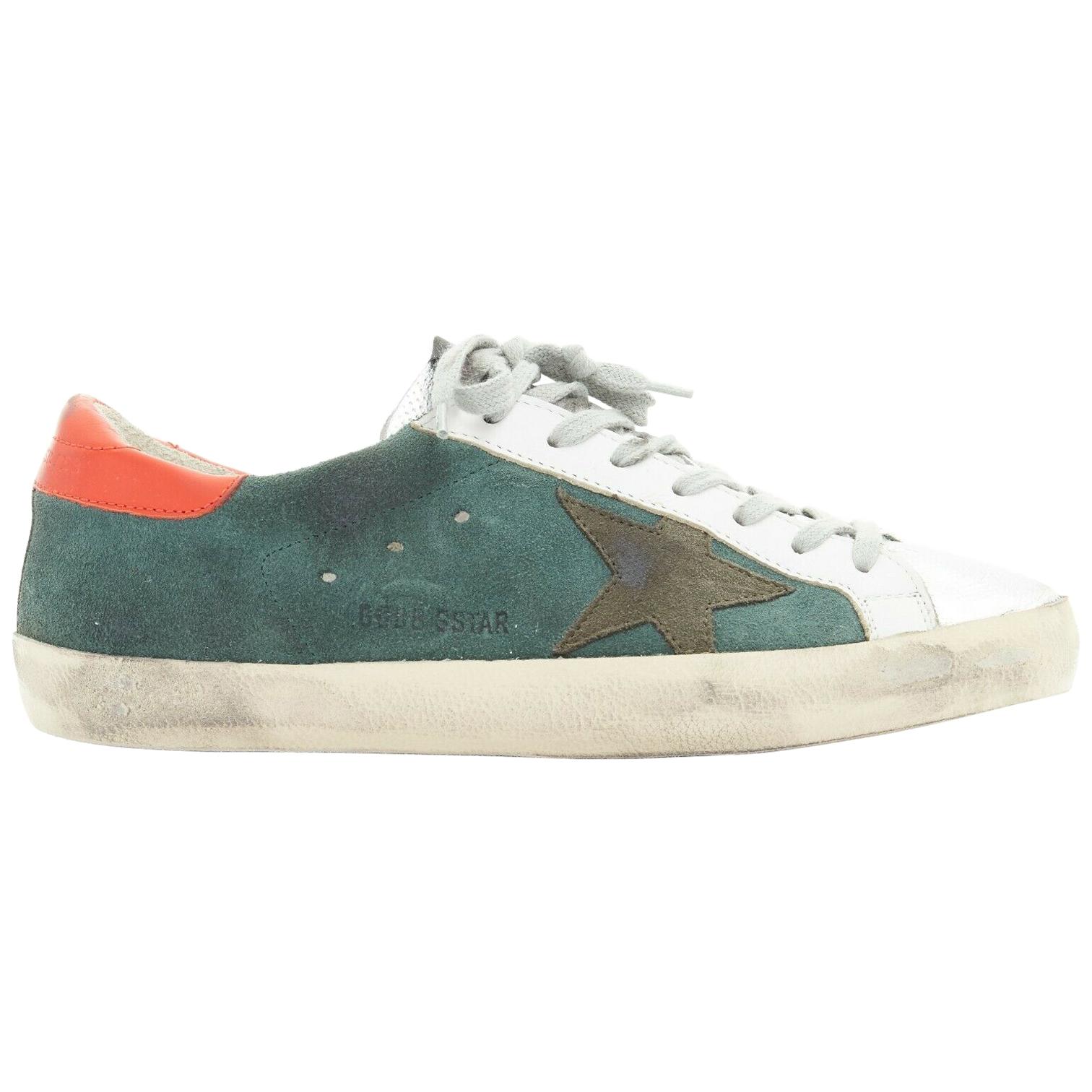 new GOLDEN GOOSE green suede silver toe distressed dirty lace up sneaker EU41