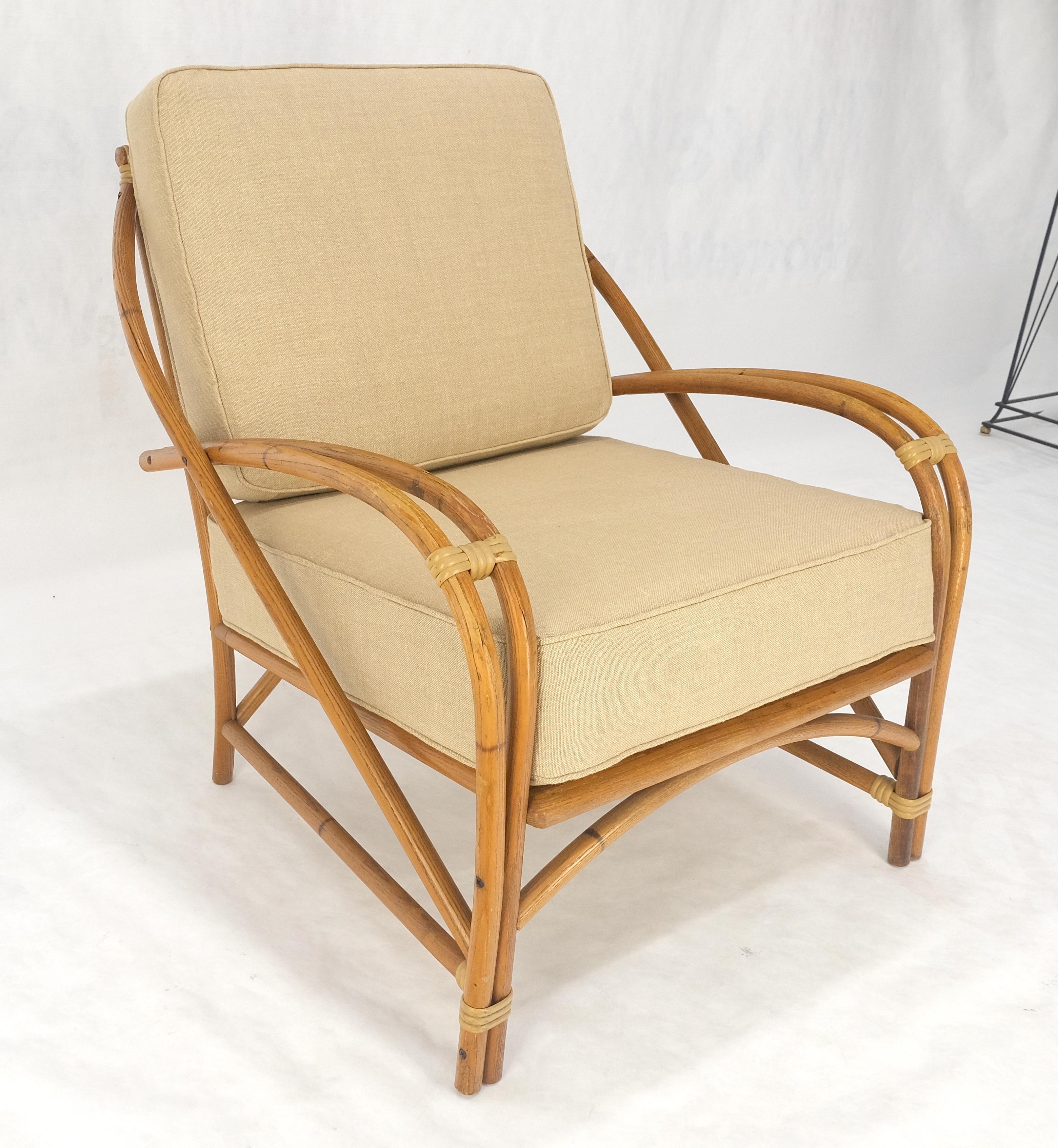 American New Golden Linen Upholstery Bamboo Rattan Lounge Chair c1970s For Sale