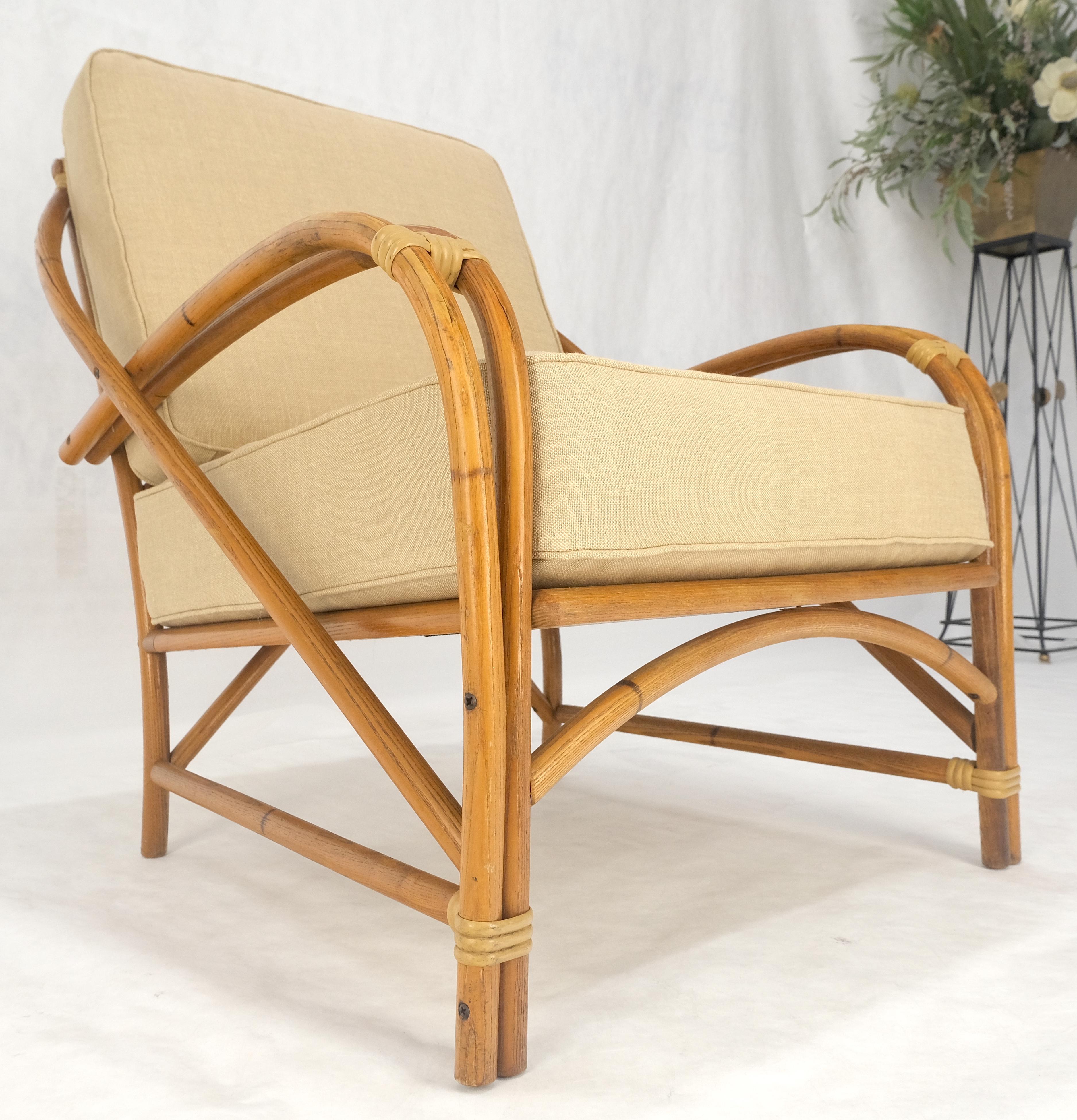 Lacquered New Golden Linen Upholstery Bamboo Rattan Lounge Chair c1970s For Sale