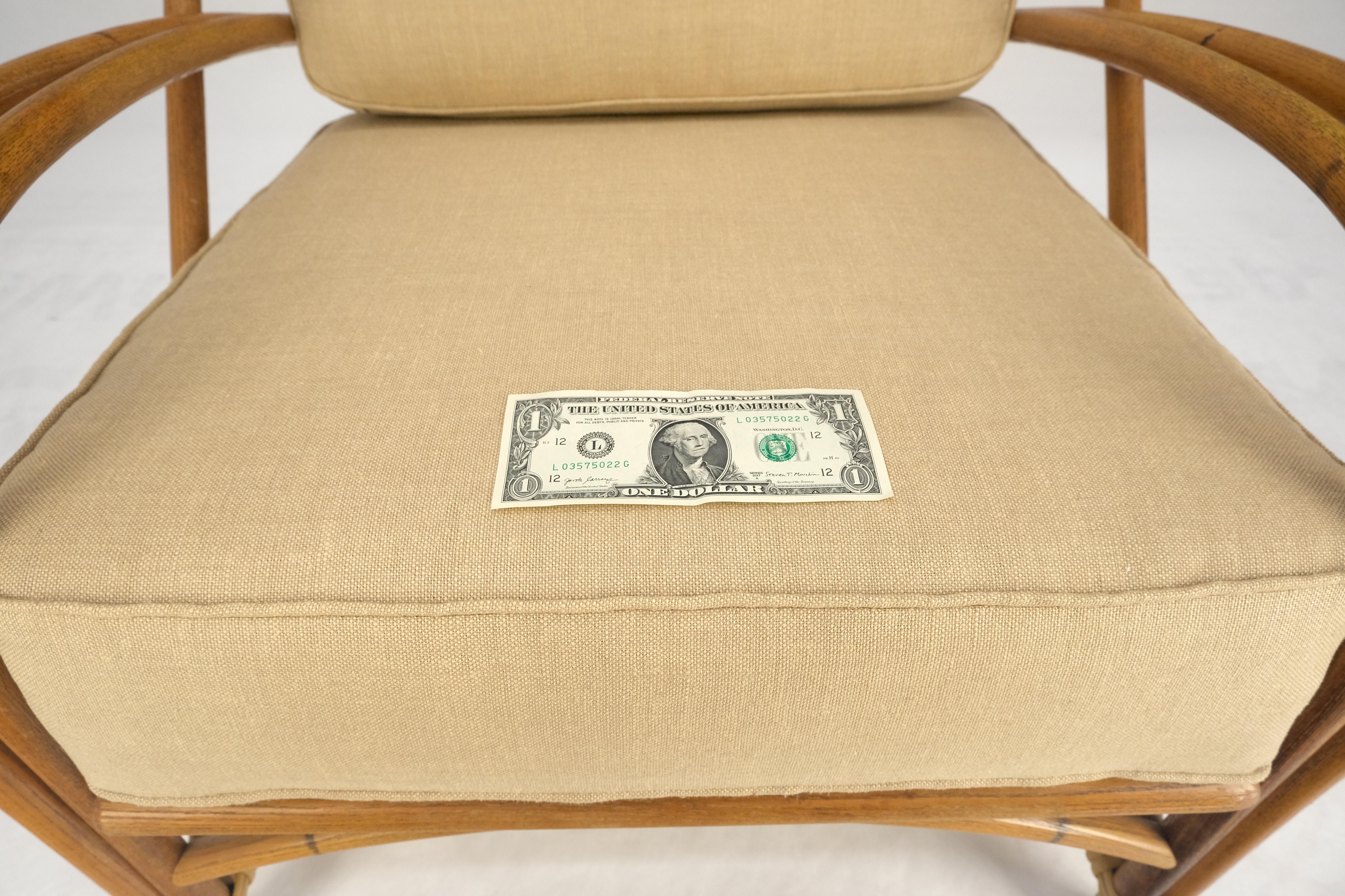 New Golden Linen Upholstery Bamboo Rattan Lounge Chair c1970s For Sale 1