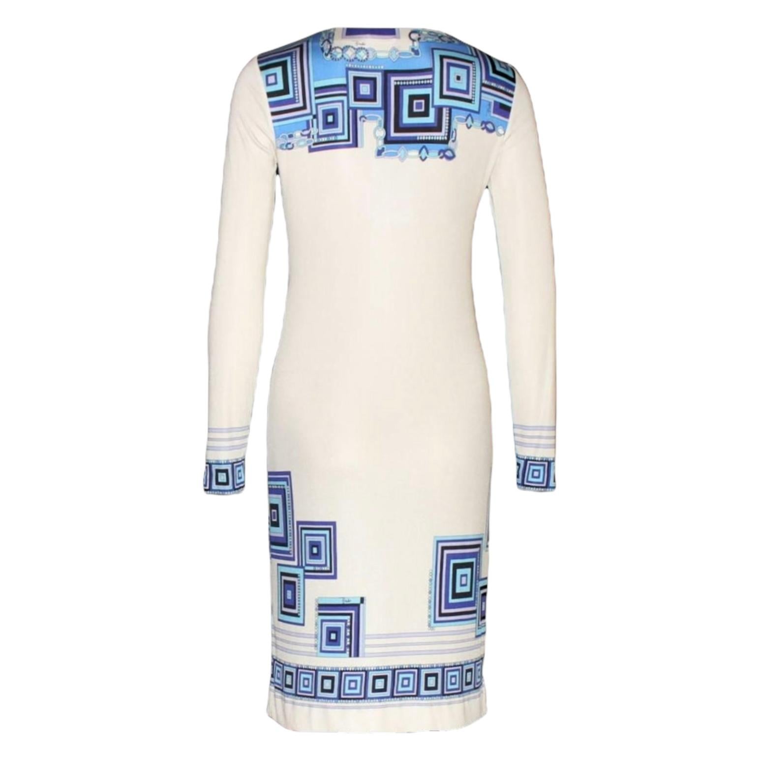 UNWORN Emilio Pucci Whites & Blues Signature Print Silk Dress with Belt 48 In Excellent Condition For Sale In Switzerland, CH