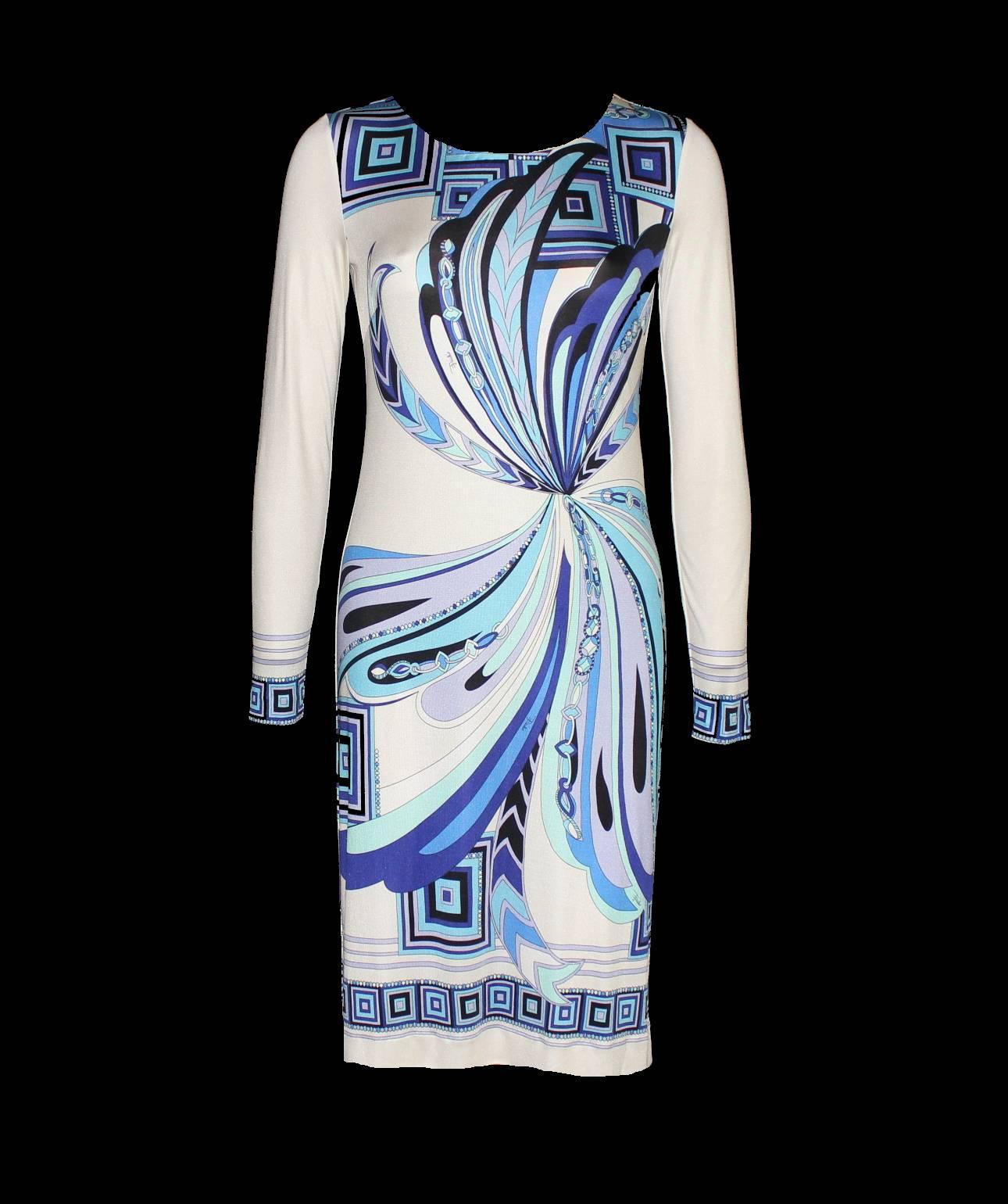 Women's UNWORN Emilio Pucci Whites & Blues Signature Print Silk Dress with Belt 48 For Sale