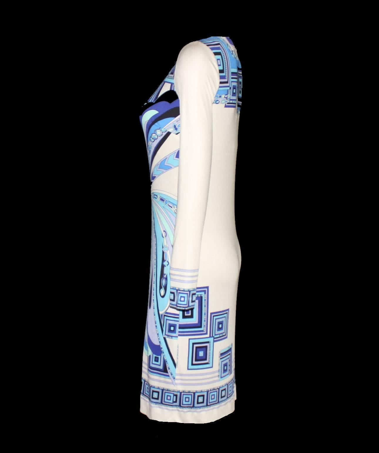 UNWORN Emilio Pucci Weißes & blaues Seidenkleid mit Signaturdruck und Gürtel im Angebot 3