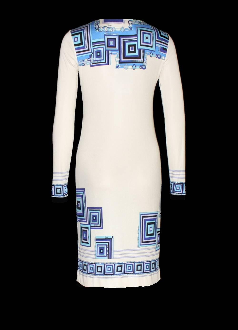 Emilio Pucci - Robe en soie imprimée blanche et bleue avec ceinture, non portée en vente 4