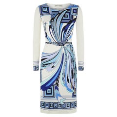 NEW Gorgeous Emilio Pucci Whites 
Blues Signature Print Silk Dress with Belt 46