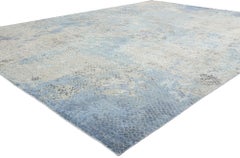 New Gray and Blue High-Low Organic Modern Biophilic Wool & Silk Rug