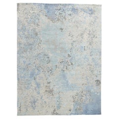 New Gray and Blue High-Low Organic Modern Biophilic Wool & Silk Rug