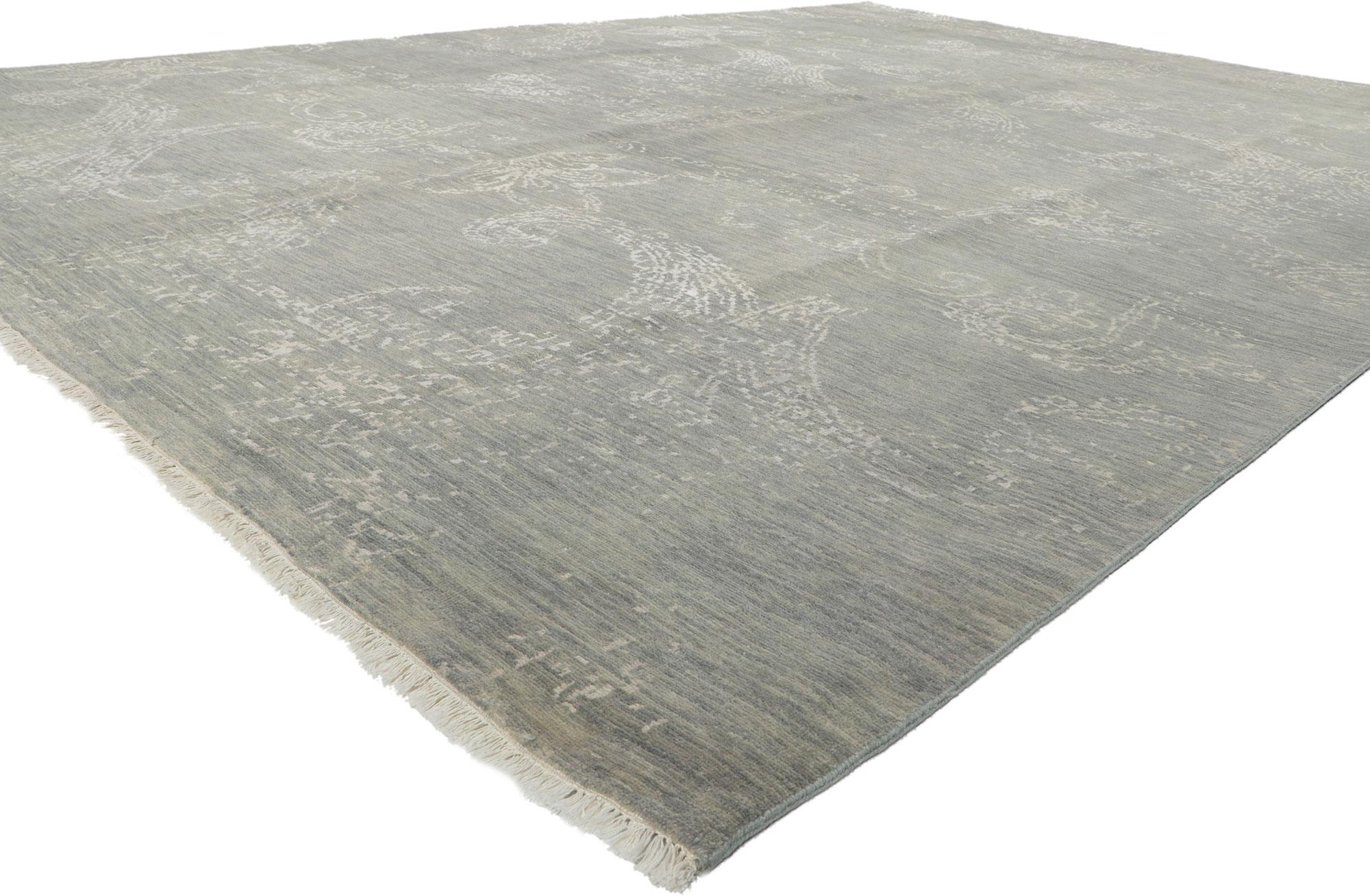 30157 New Gray transitional area rug, measures 10'01 x 14'02.
Emanating traditional sensibility with incredible detail and texture, this hand knotted wool transitional gray Indian area rug is a captivating vision of woven beauty. The eye-catching