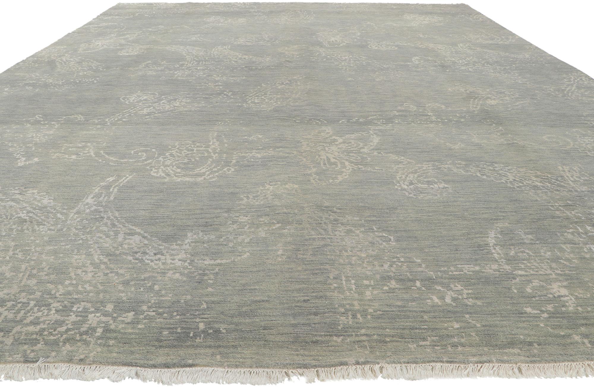 Indian New Gray Transitional Area Rug with Modern Erased Design For Sale