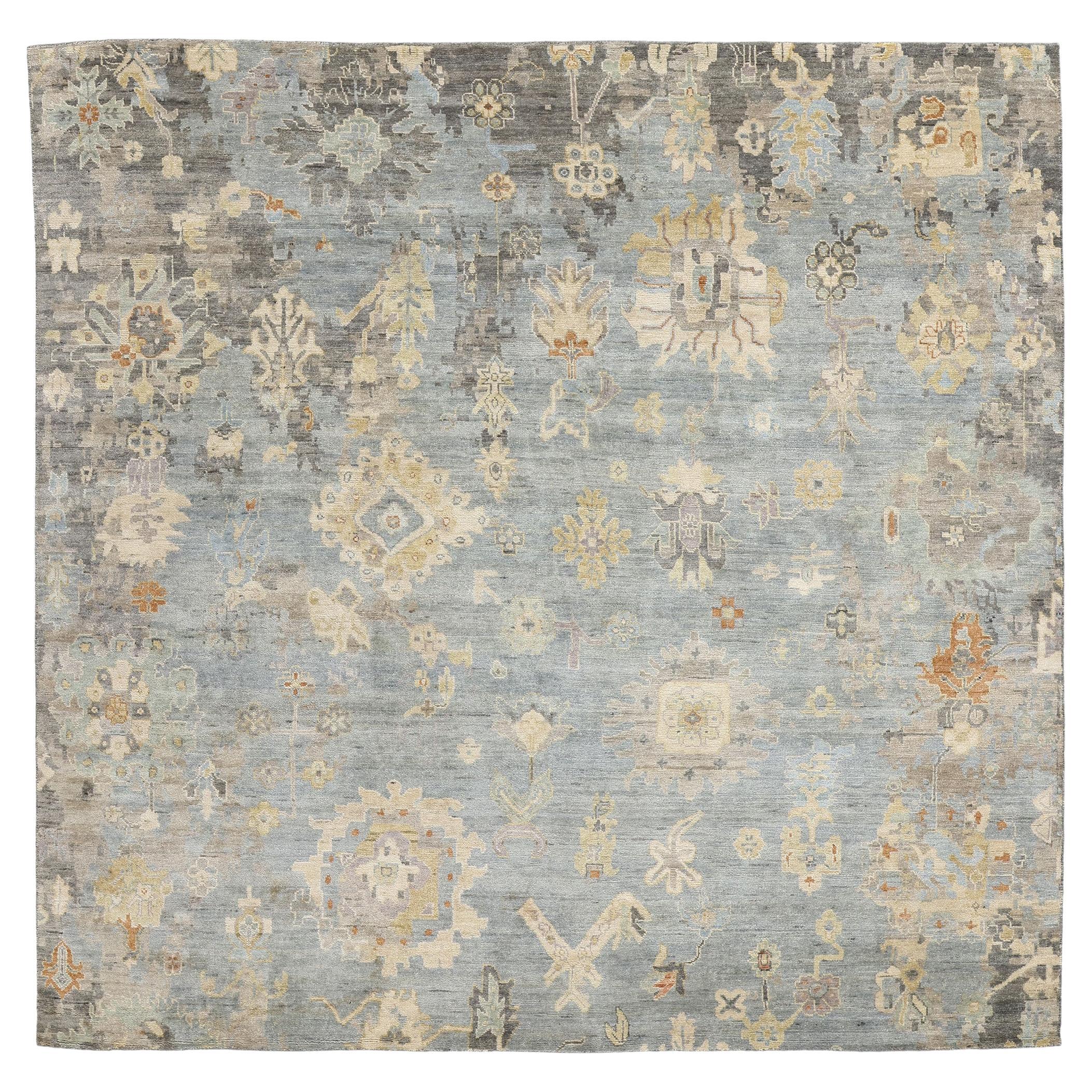 New Grayish-Blue Oushak Square Area Rug with Modern Style