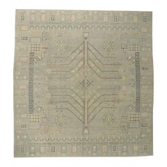 New Grayish-Blue Turkish Oushak Square Area Rug with Modern Style