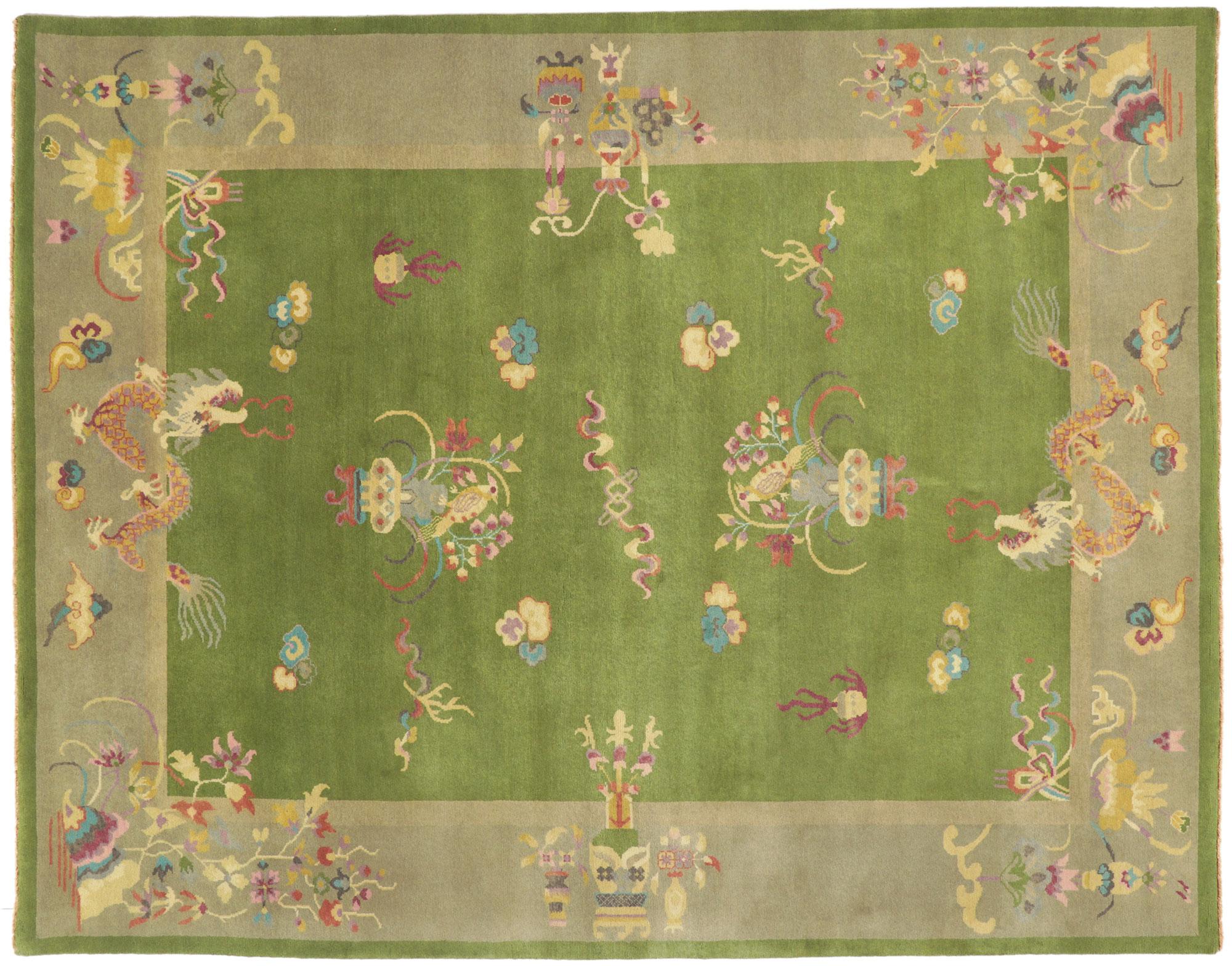 New Green Chinese Art Deco Rug with Maximalist Style For Sale 3