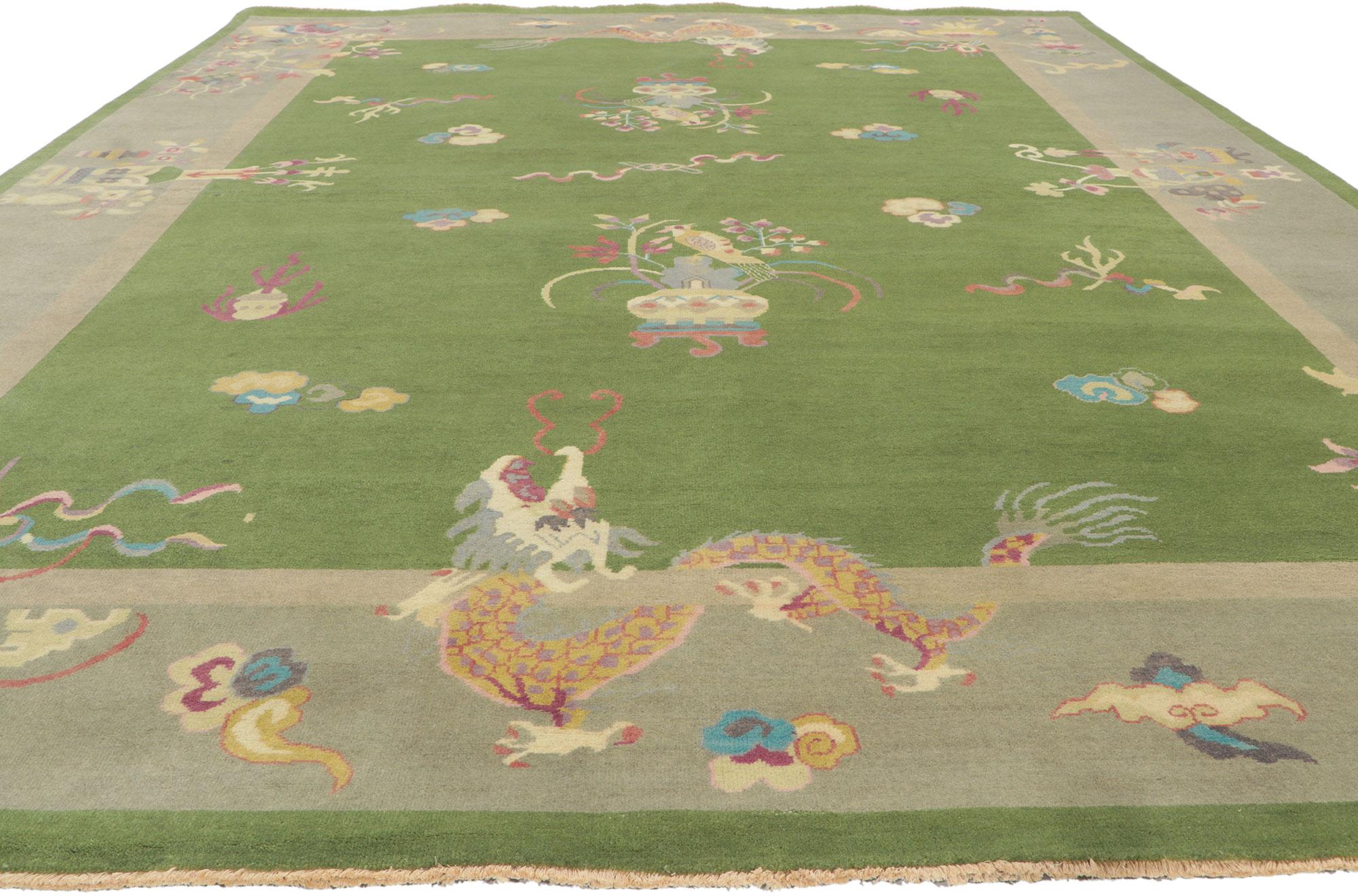 Indian New Green Chinese Art Deco Rug with Maximalist Style For Sale