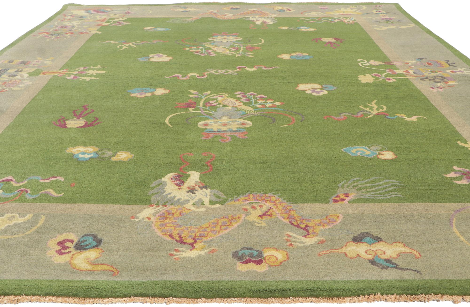 Indian New Green Chinese Art Deco Rug with Maximalist Style For Sale