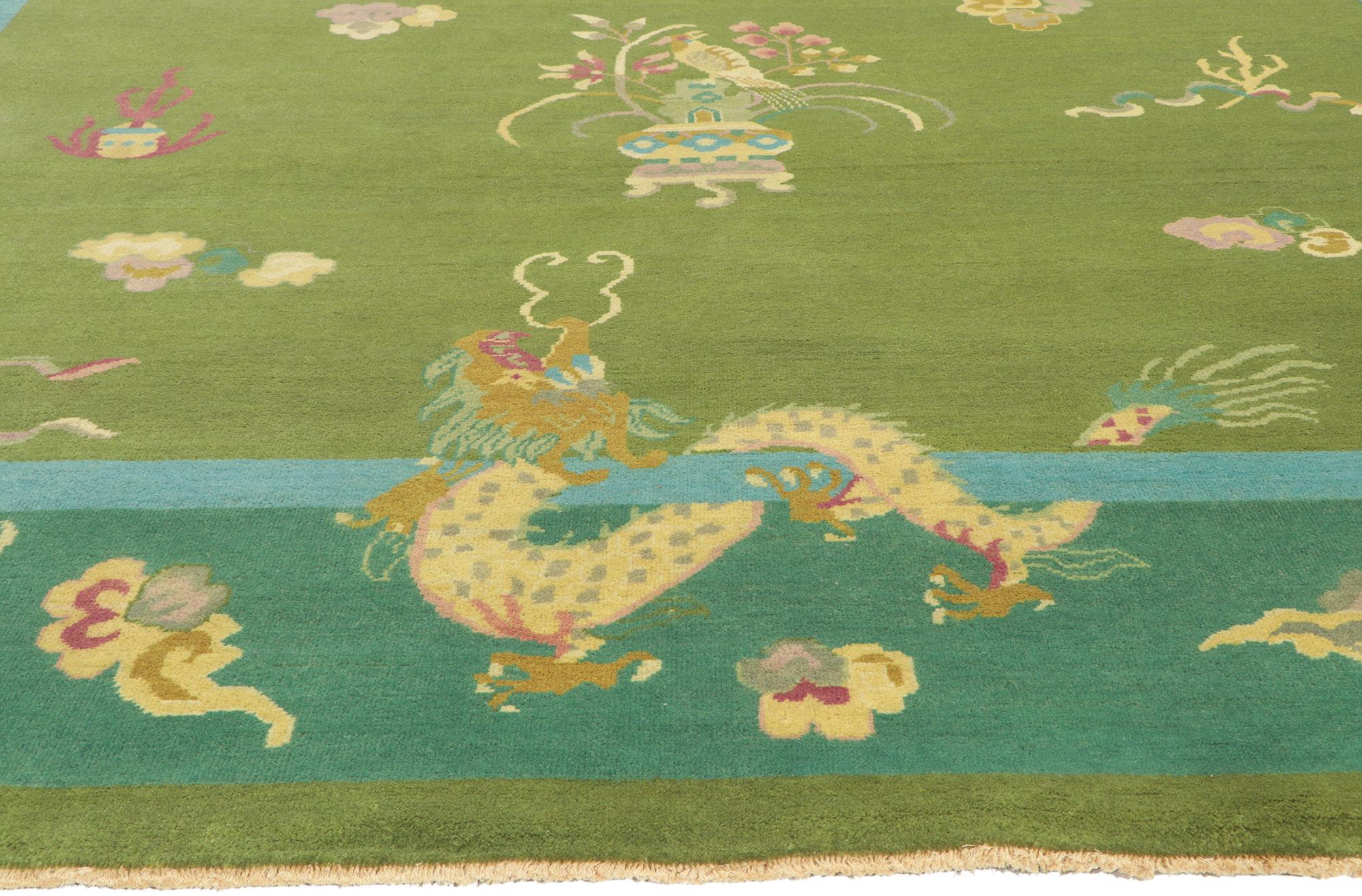 Indian New Green Chinese Art Deco Rug with Maximalist Style For Sale