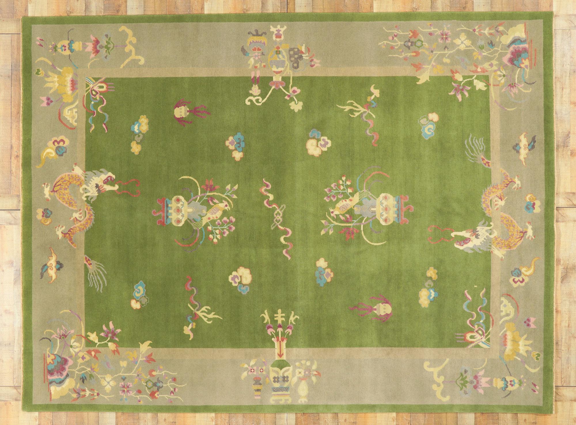 New Green Chinese Art Deco Rug with Maximalist Style In New Condition For Sale In Dallas, TX