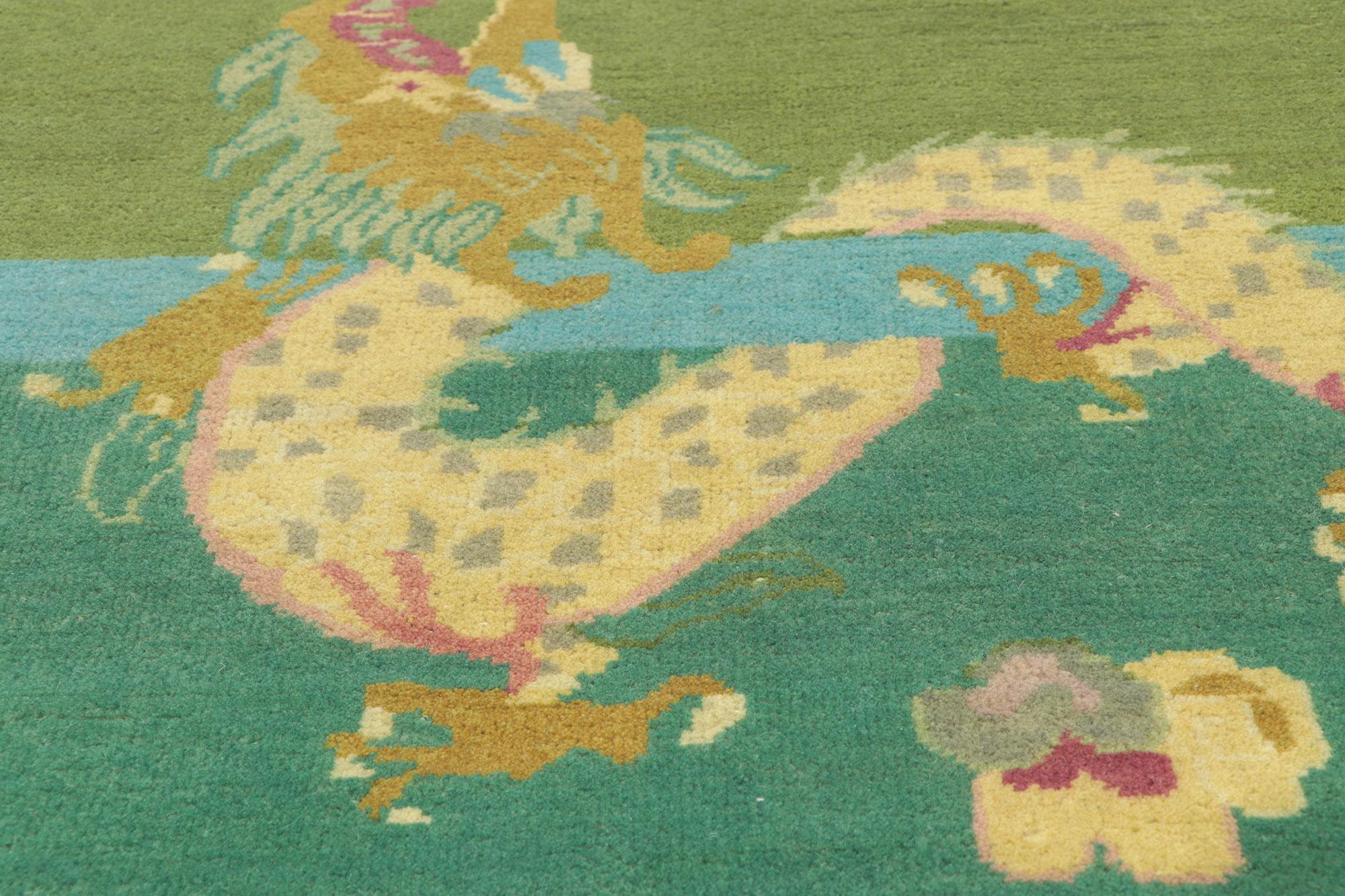 New Green Chinese Art Deco Rug with Maximalist Style In New Condition For Sale In Dallas, TX