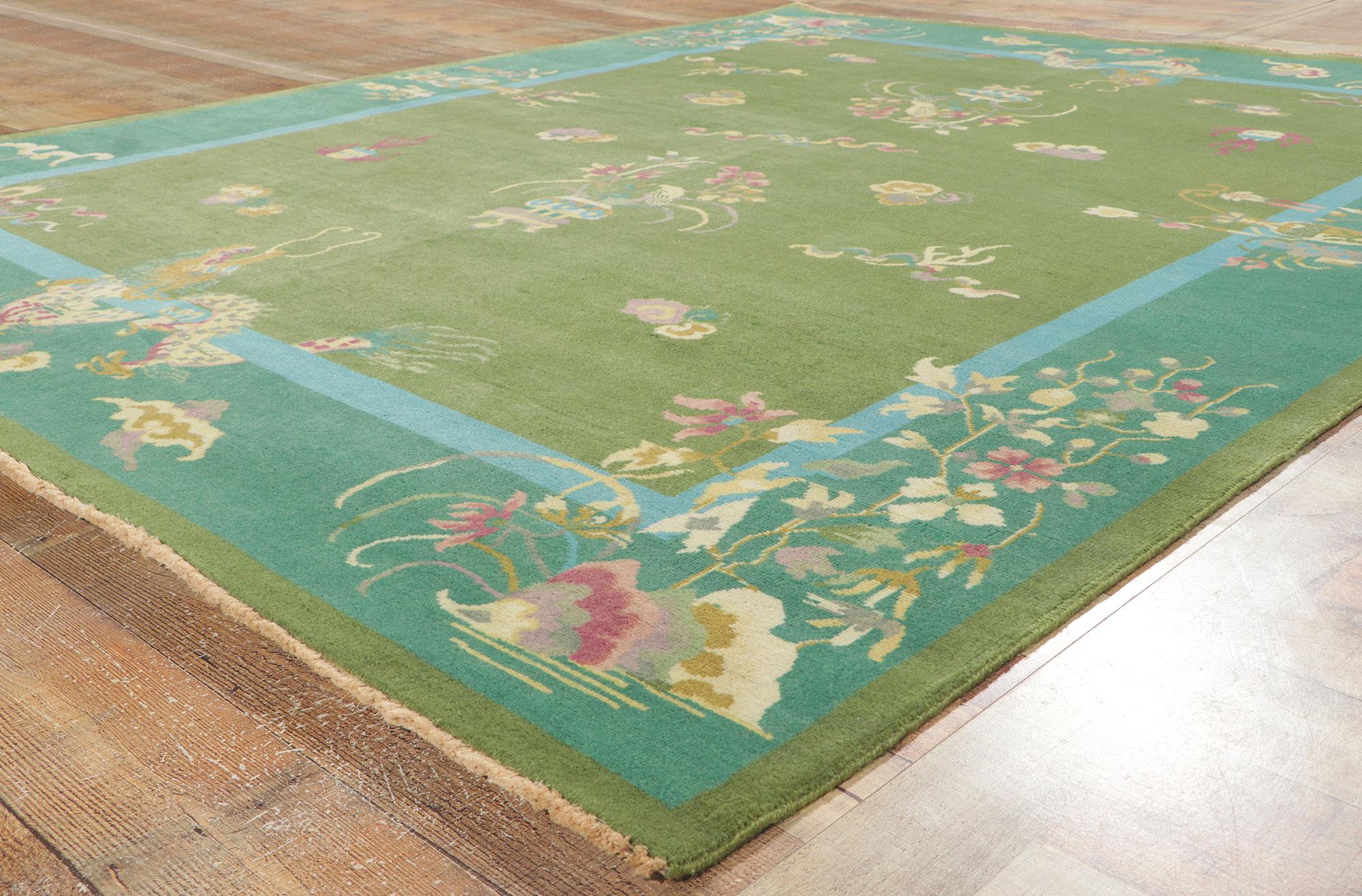 Hand-Knotted New Green Chinese Art Deco Rug with Maximalist Style For Sale
