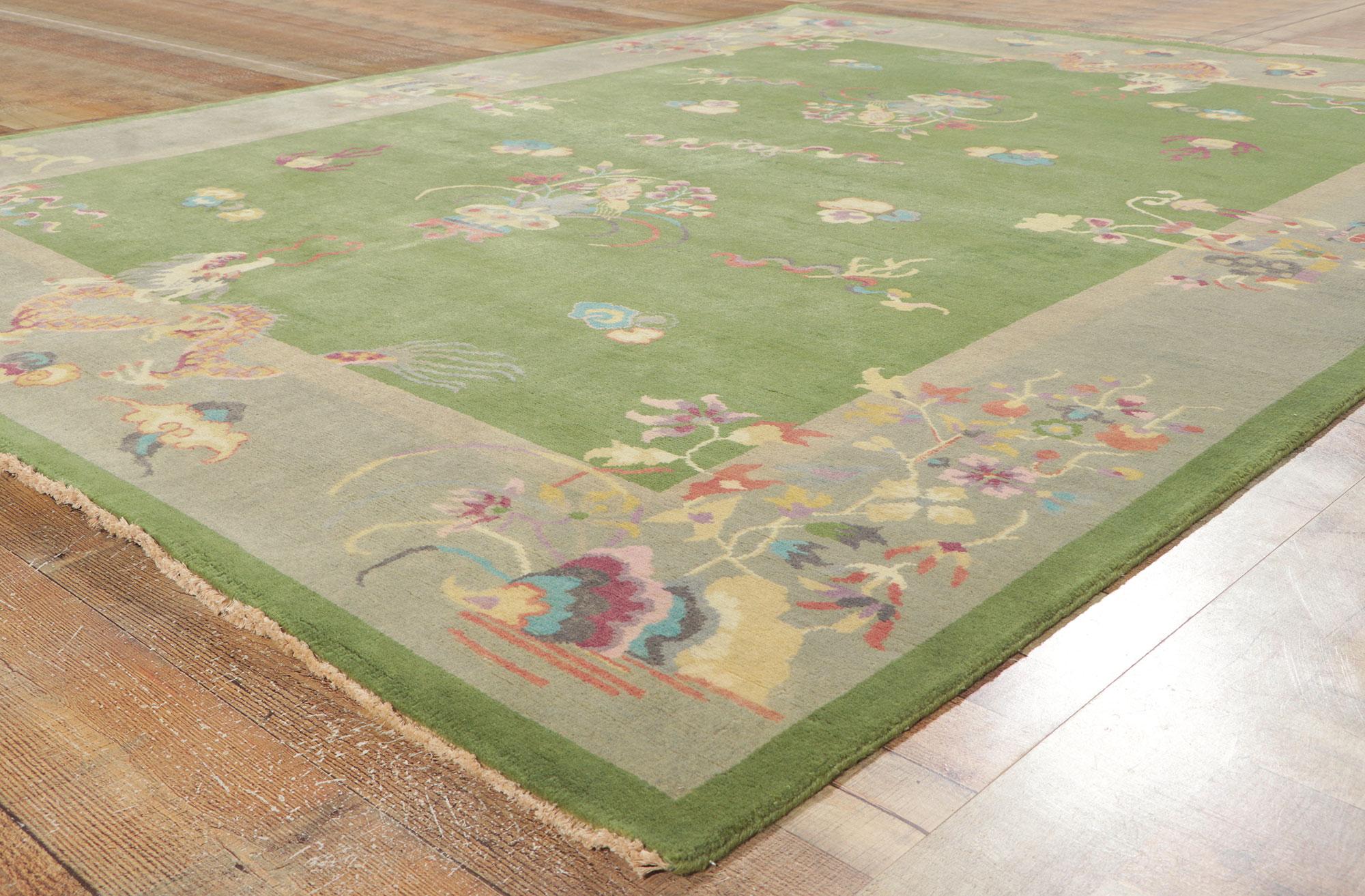 Wool New Green Chinese Art Deco Rug with Maximalist Style For Sale