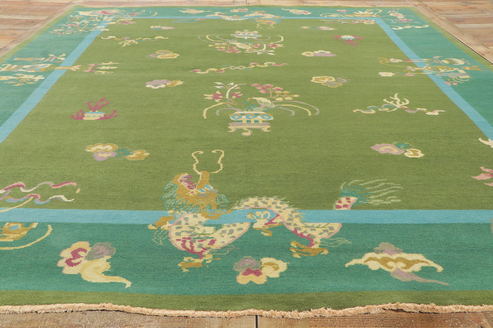 Laine Nouveau tapis Art Déco chinois vert avec style Maximalist en vente