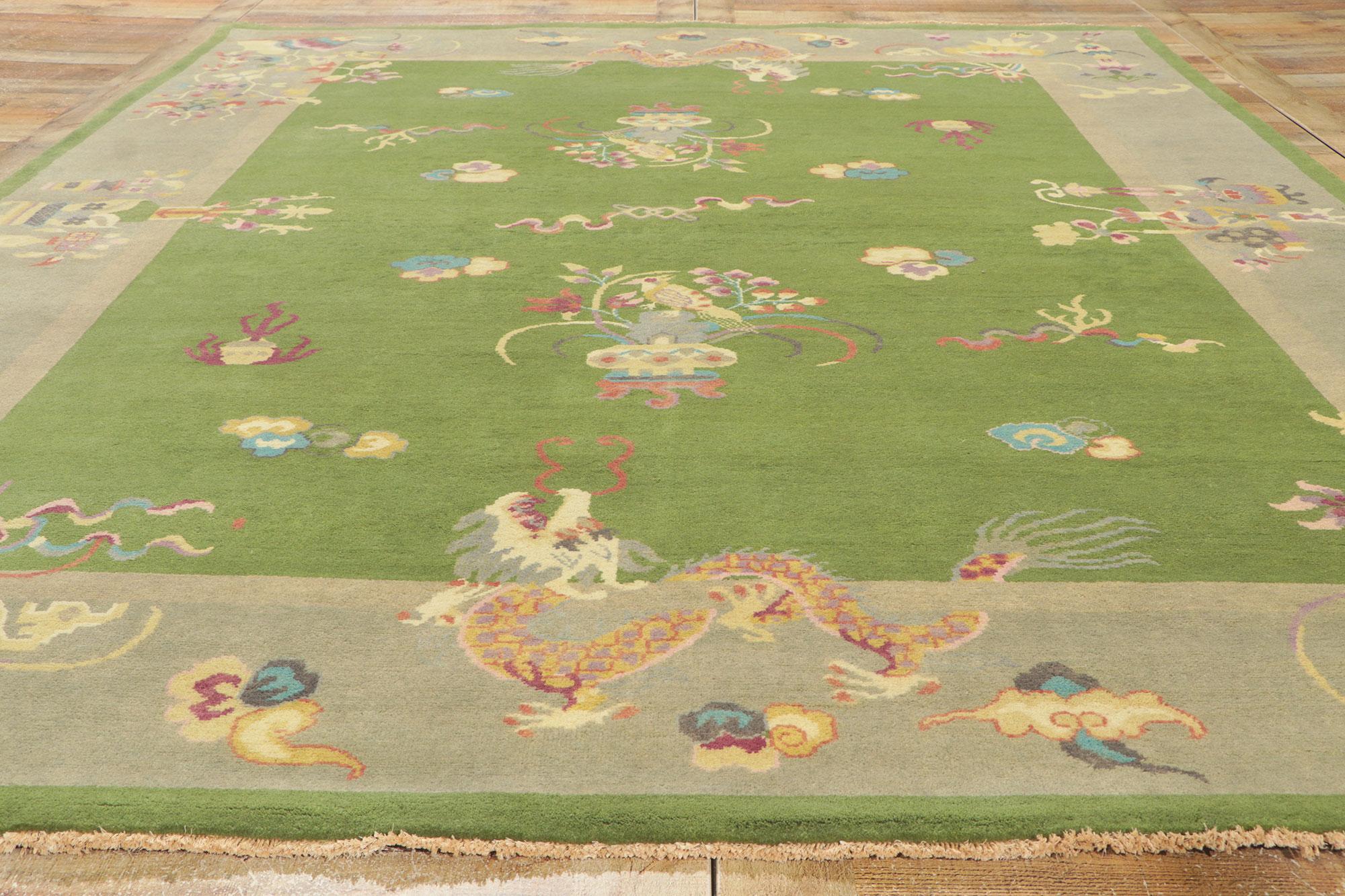 New Green Chinese Art Deco Rug with Maximalist Style For Sale 1