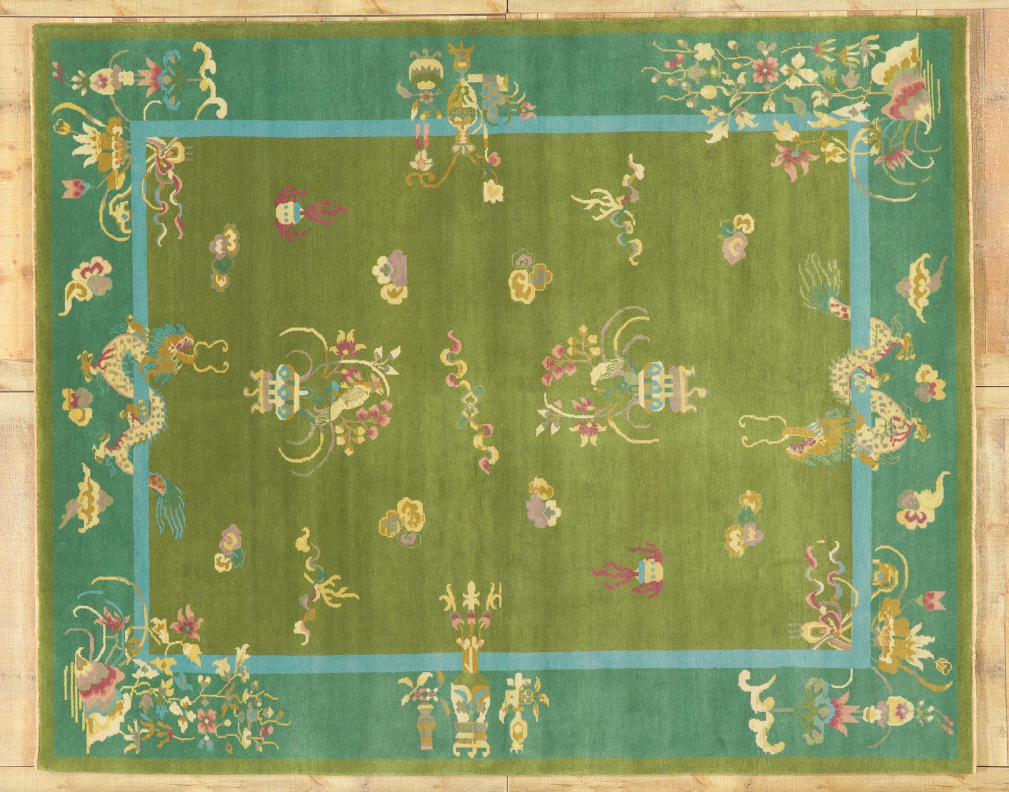 Nouveau tapis Art Déco chinois vert avec style Maximalist en vente 1