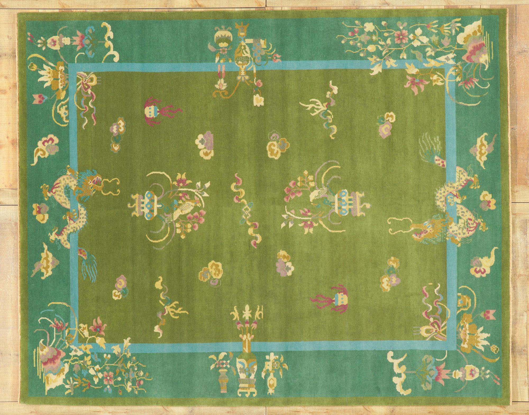 New Green Chinese Art Deco Rug with Maximalist Style For Sale 1