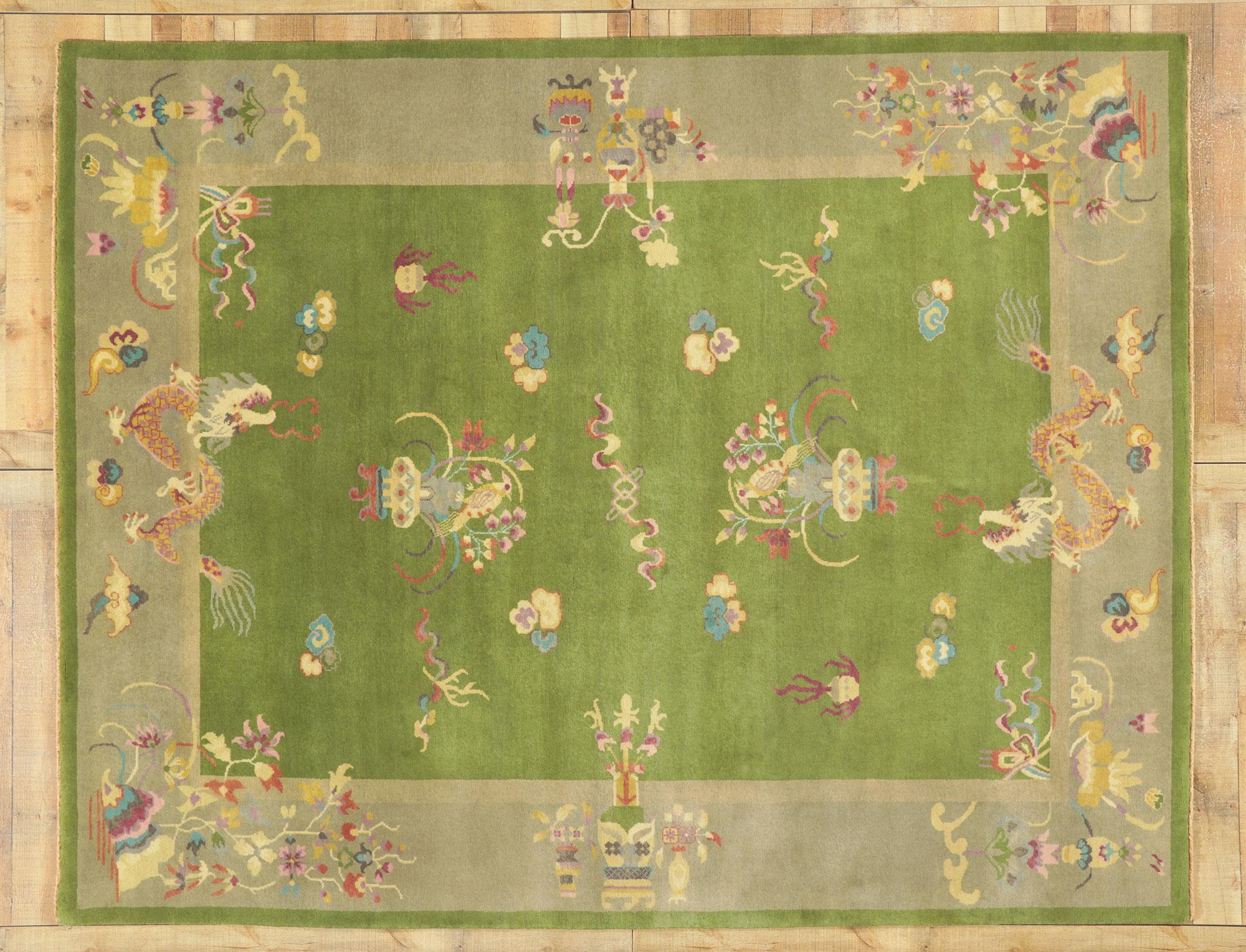 New Green Chinese Art Deco Rug with Maximalist Style For Sale 2