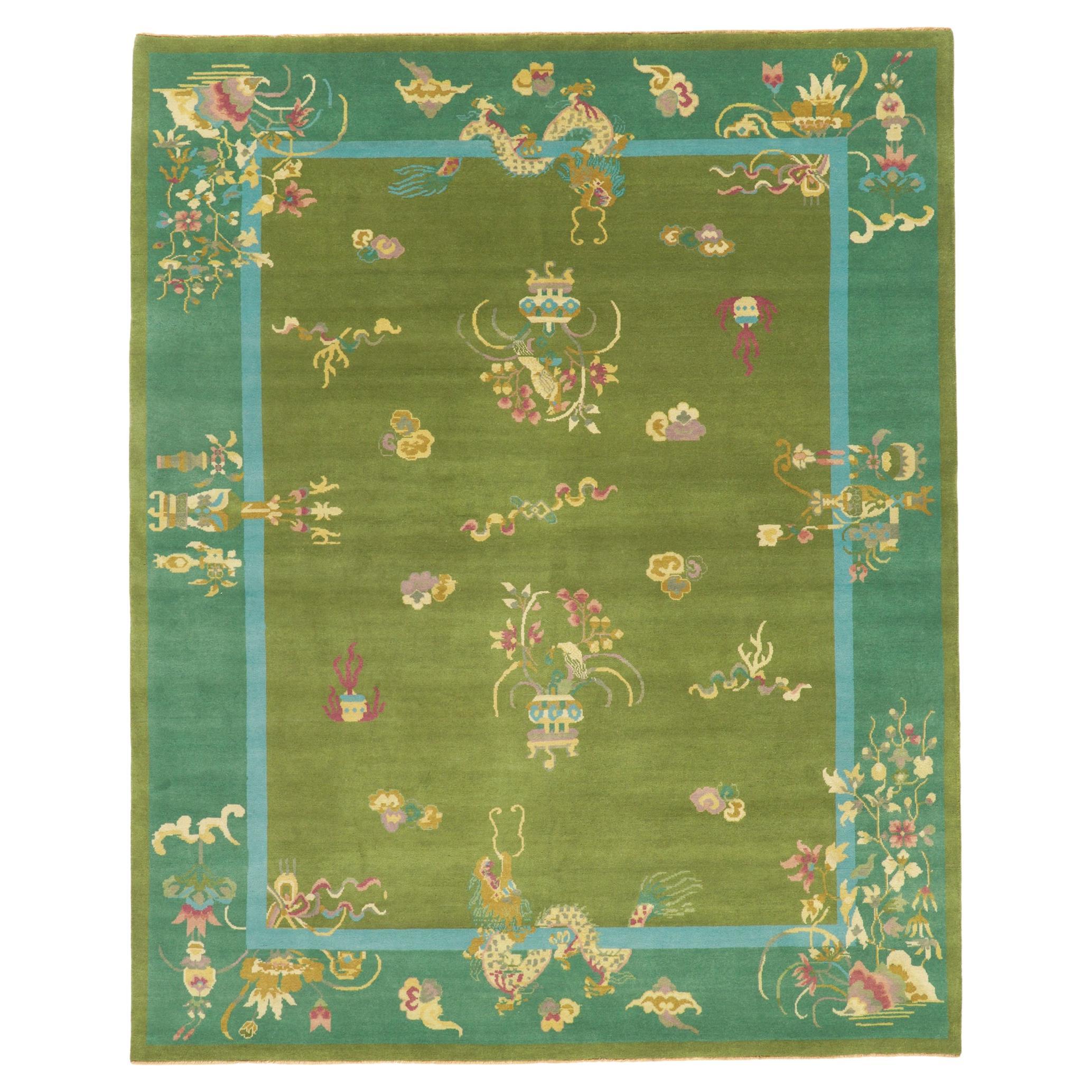 Nouveau tapis Art Déco chinois vert avec style Maximalist