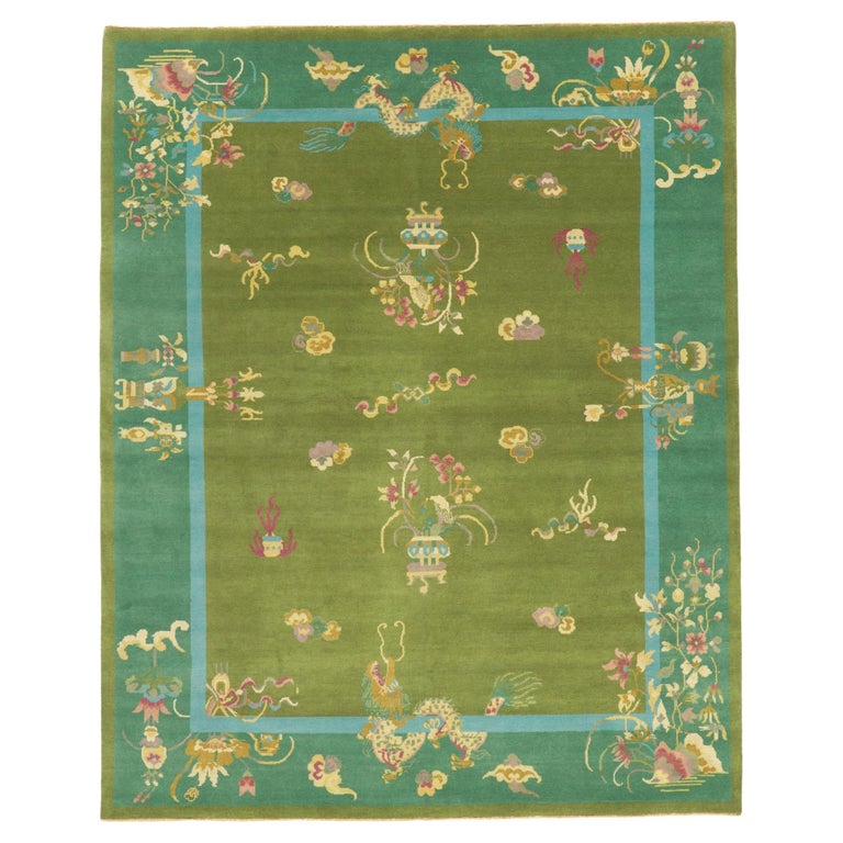 New Green Chinese Art Deco Rug with Maximalist Style For Sale at 1stDibs